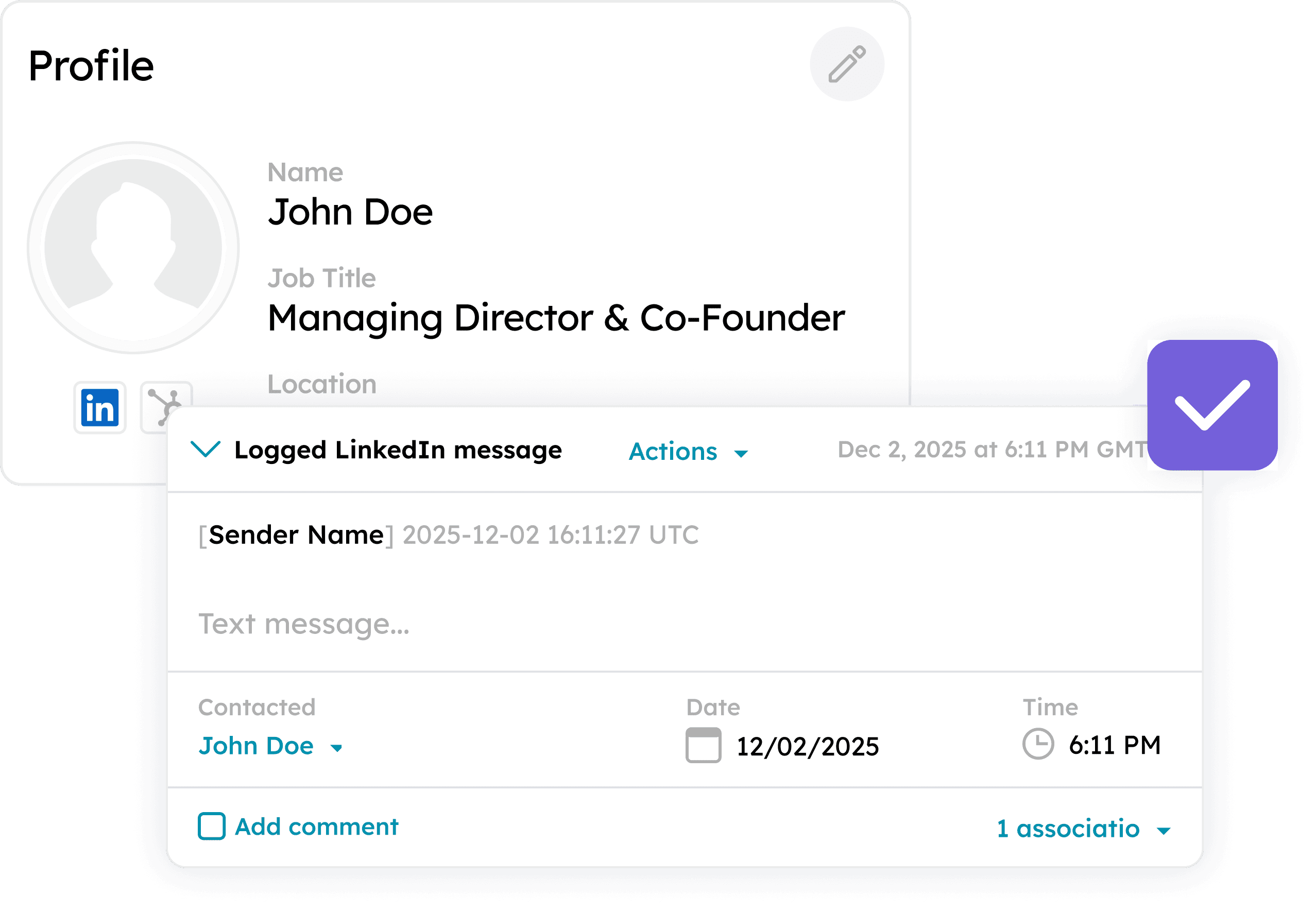 HubSpot contact profile with verified email and phone
