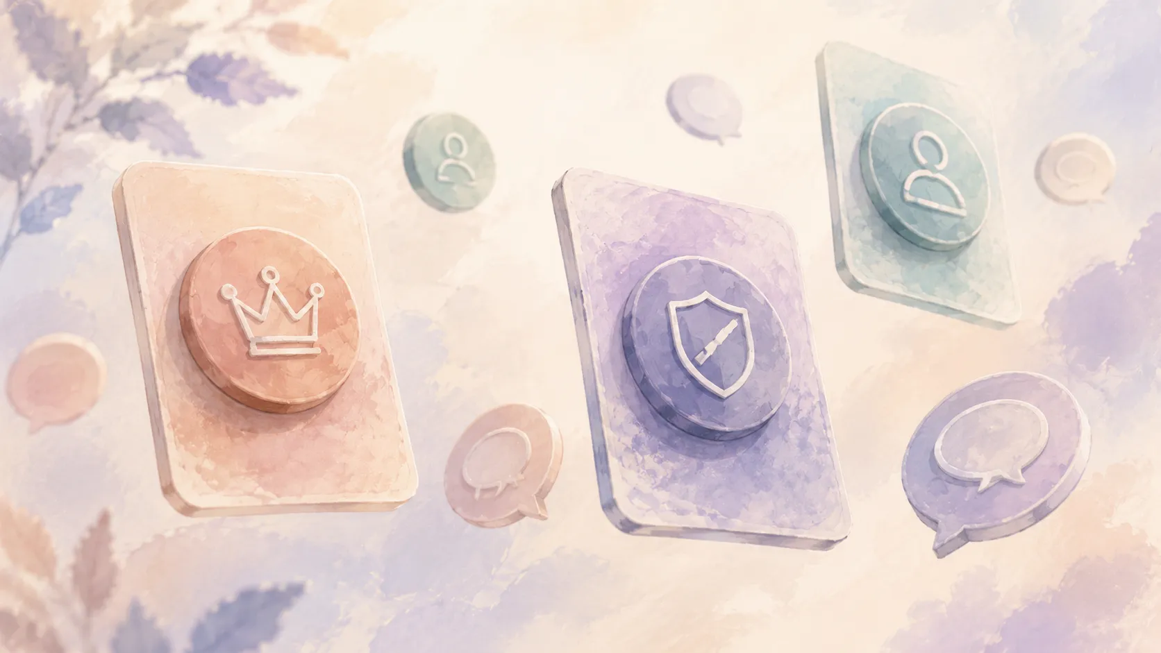Three watercolor cards showing a crown, a shield, and a person icon, standing in for the champion, the blocker, and the end user