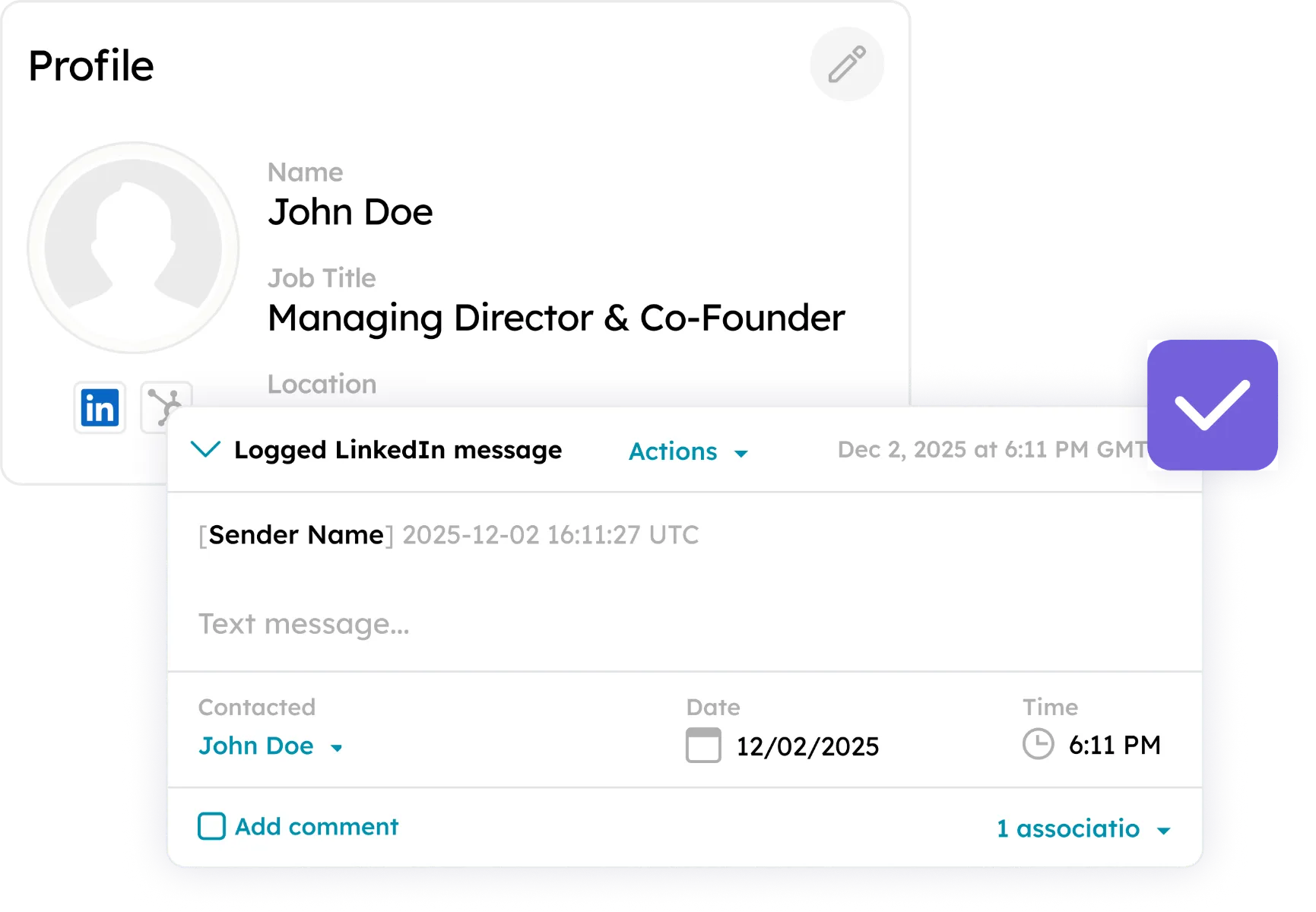HubSpot contact profile with verified email and phone